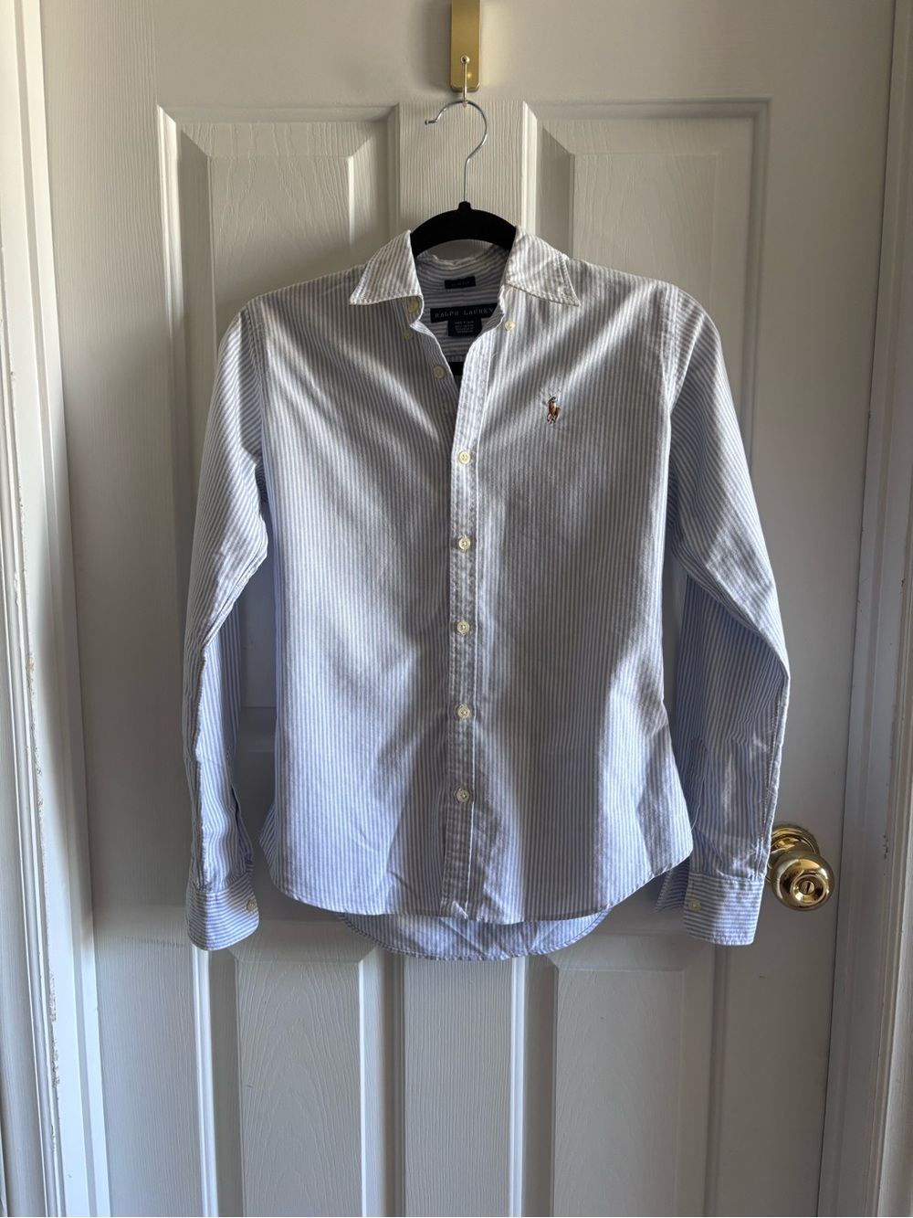 Ralph Lauren Size 0 Slim Fit Blue White Striped Oxford Button Down Shirt Pony